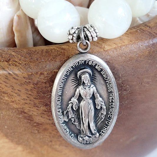 White Moonstone 12mm Beaded Bracelet w/ Large Sterling Silver Miraculous Medal