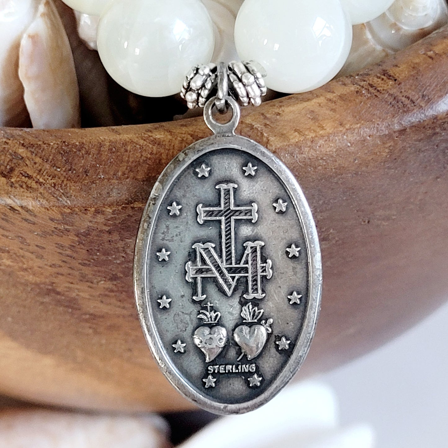 White Moonstone 12mm Beaded Bracelet w/ Large Sterling Silver Miraculous Medal