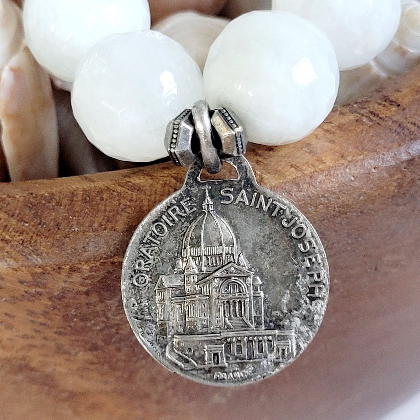 White Moonstone 12mm Beaded Bracelet w/ Signed Silver Medal of St. Joseph with the child Jesus