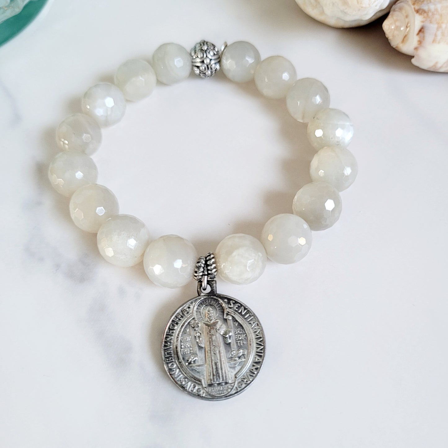 White Moonstone 12mm Beaded Bracelet w/ Heavy Silver St. Benedict Medal
