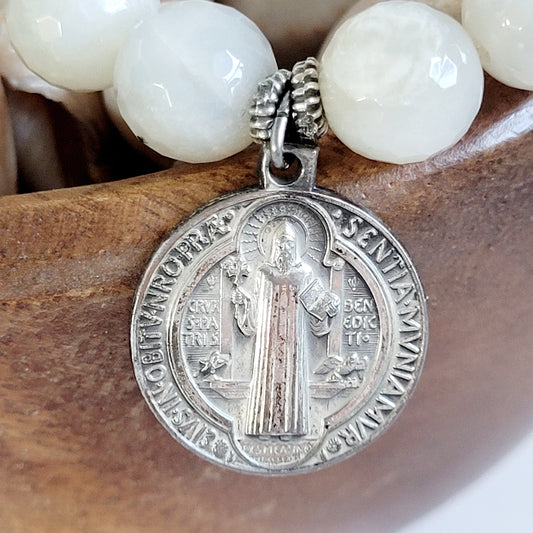 White Moonstone 12mm Beaded Bracelet w/ Heavy Silver St. Benedict Medal