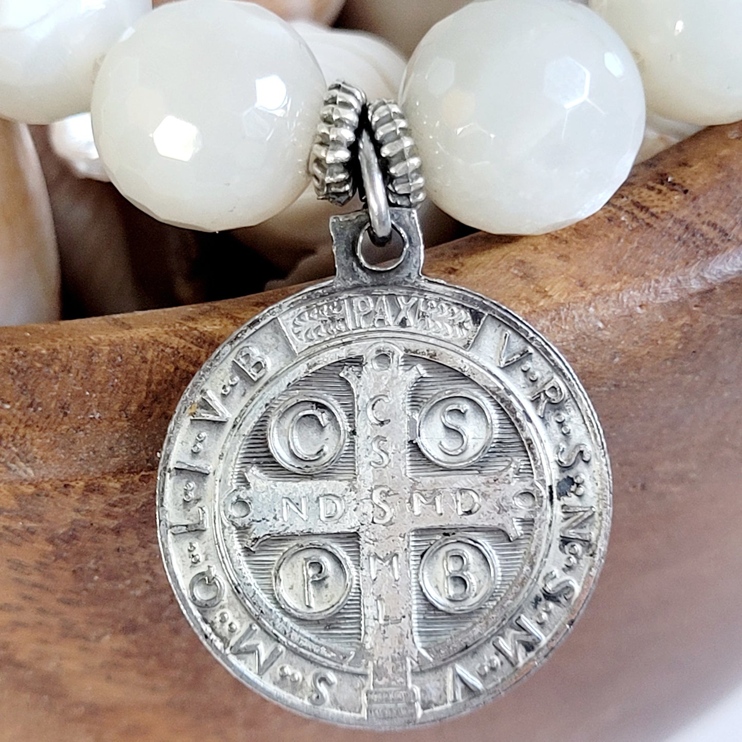 White Moonstone 12mm Beaded Bracelet w/ Heavy Silver St. Benedict Medal