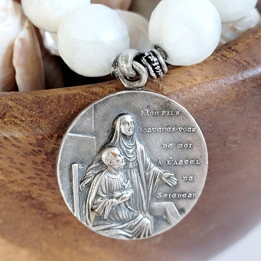 White Moonstone 12mm Beaded Bracelet w/ Sterling Silver St. Monica and St. Augustine