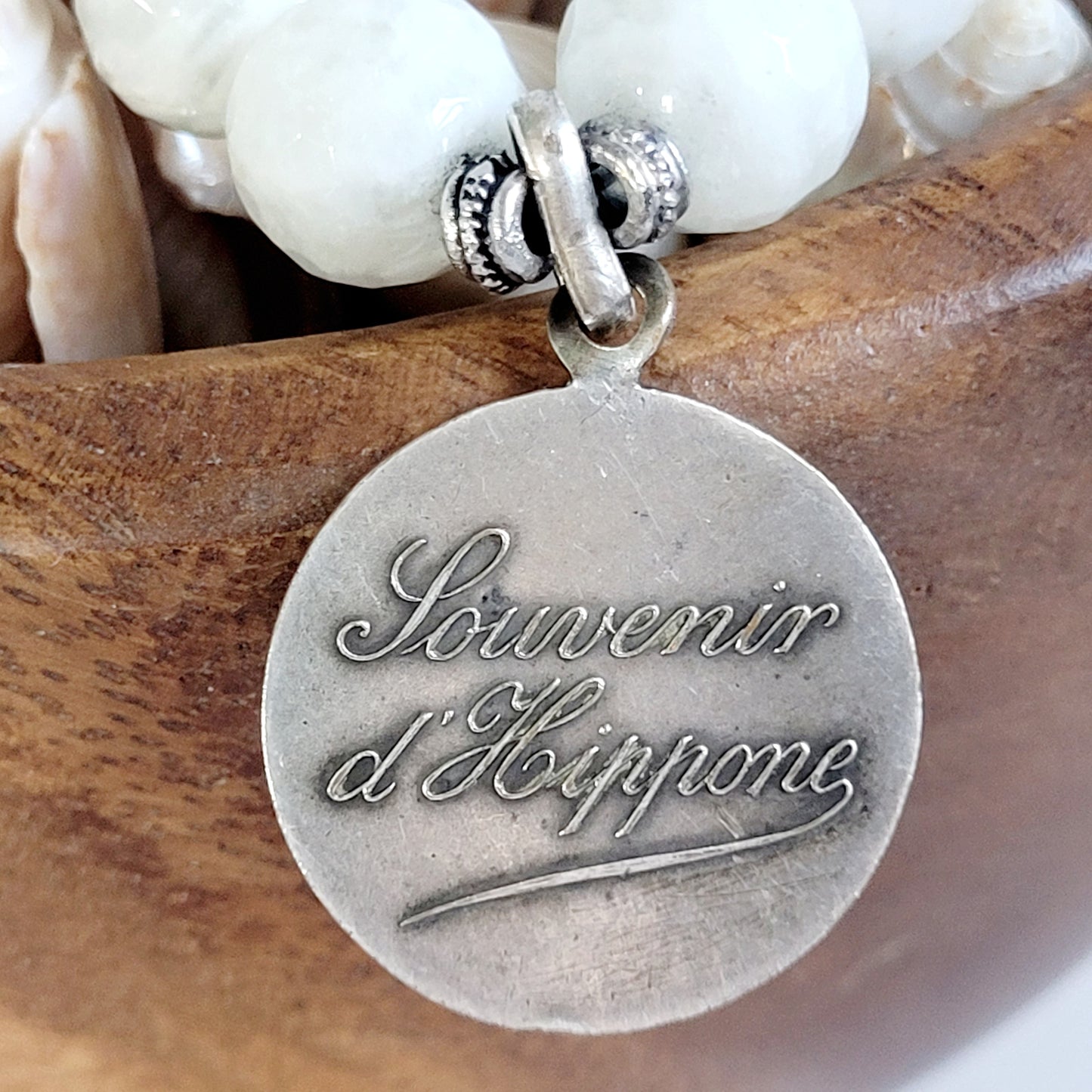 White Moonstone 12mm Beaded Bracelet w/ Sterling Silver St. Monica and St. Augustine