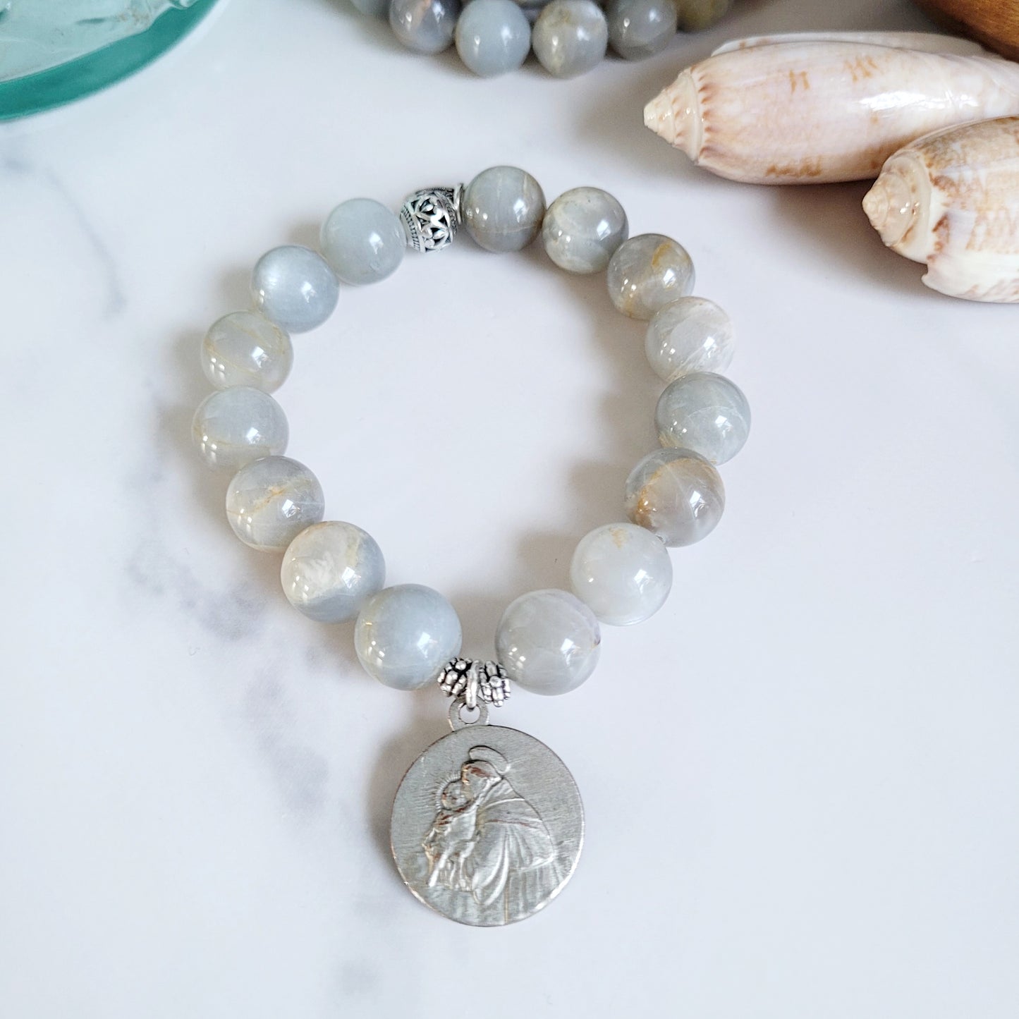 Grey Moonstone 12mm Beaded Bracelet w/ Large Signed Silver Medal of St. Anthony