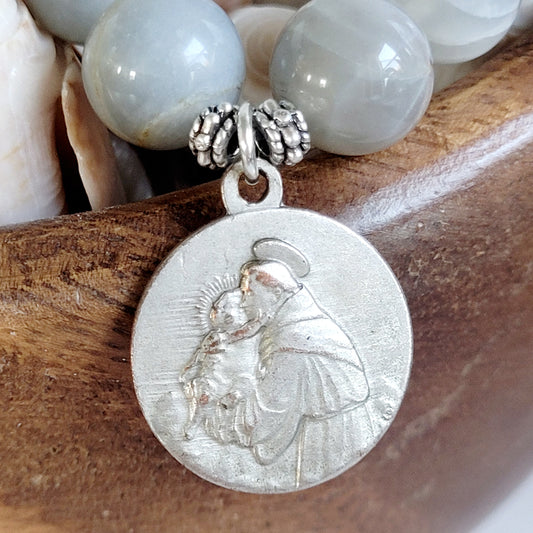 Grey Moonstone 12mm Beaded Bracelet w/ Large Signed Silver Medal of St. Anthony