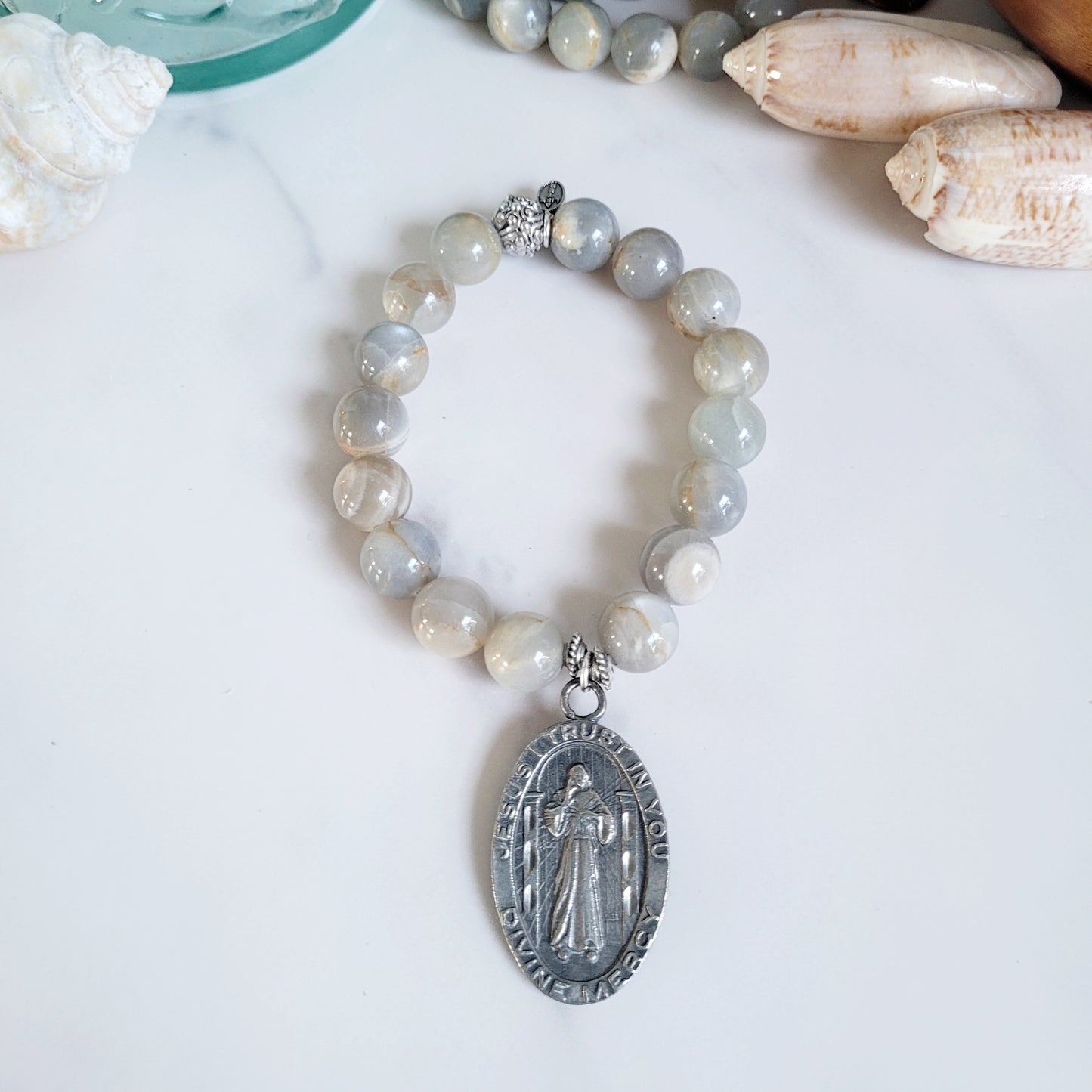 Grey Moonstone 12mm Beaded Bracelet w/ Very Large Silver Medal of Divine Mercy