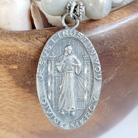 Grey Moonstone 12mm Beaded Bracelet w/ Very Large Silver Medal of Divine Mercy