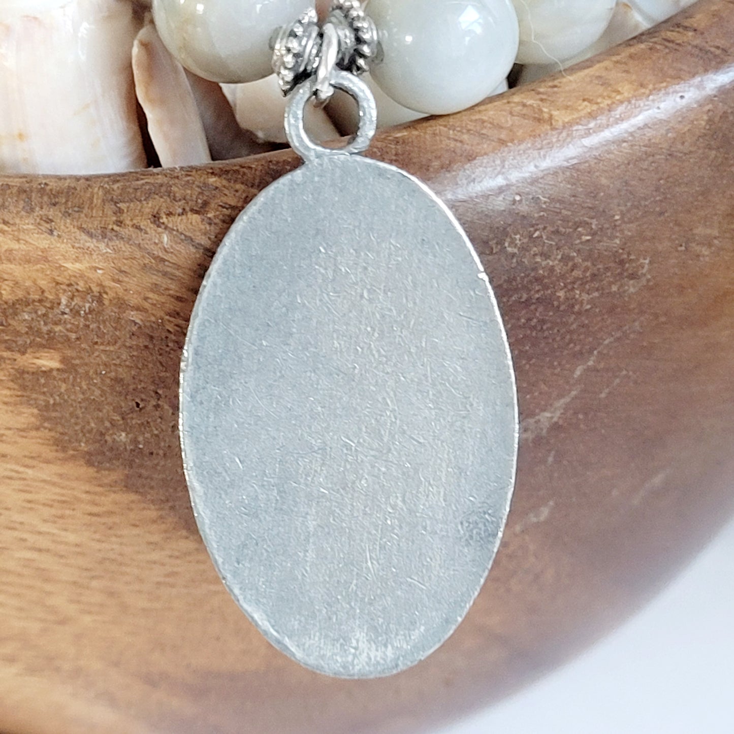 Grey Moonstone 12mm Beaded Bracelet w/ Very Large Silver Medal of Divine Mercy