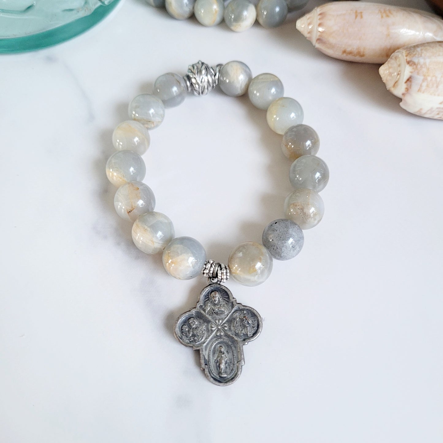Grey Moonstone 12mm Beaded Bracelet w/ Silver Four Way Cross