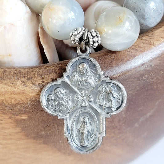 Grey Moonstone 12mm Beaded Bracelet w/ Silver Four Way Cross