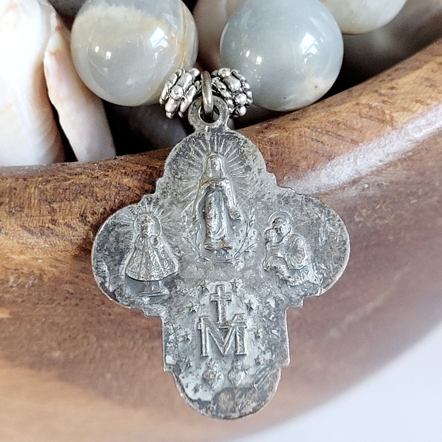 Grey Moonstone 12mm Beaded Bracelet w/ Silver Four Way Cross