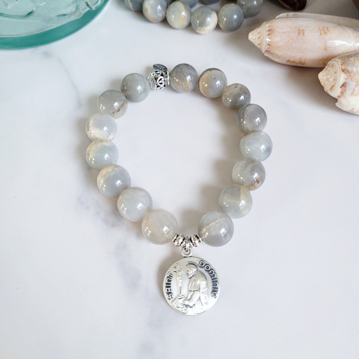 Grey Moonstone 12mm Beaded Bracelet w/ Signed Sterling Silver Medal of St. Dominic