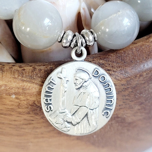 Grey Moonstone 12mm Beaded Bracelet w/ Signed Sterling Silver Medal of St. Dominic