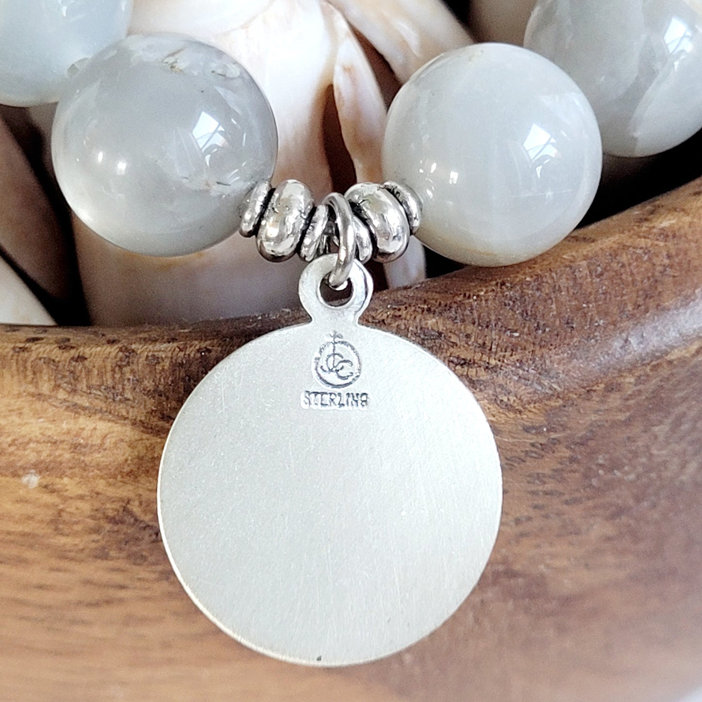 Grey Moonstone 12mm Beaded Bracelet w/ Signed Sterling Silver Medal of St. Dominic