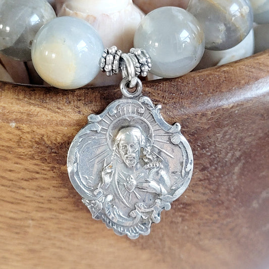 Grey Moonstone 12mm Beaded Bracelet w/ Signed Sterling Silver Medal of the Sacred Heart of Jesus on the front and Our Lady of Mount Carmel on the back