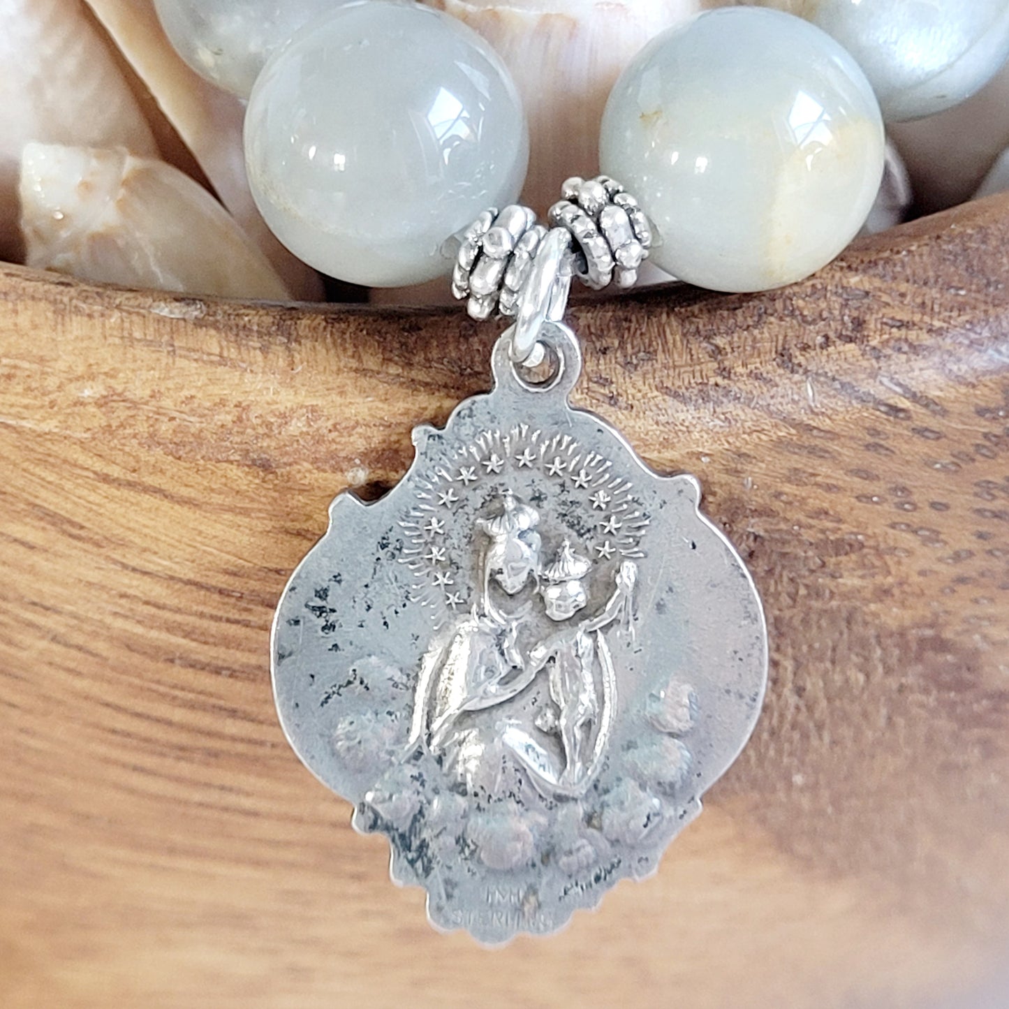 Grey Moonstone 12mm Beaded Bracelet w/ Signed Sterling Silver Medal of the Sacred Heart of Jesus on the front and Our Lady of Mount Carmel on the back
