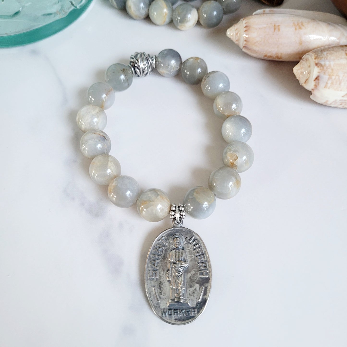 Grey Moonstone 12mm Beaded Bracelet w/ Large Medal of St. Joseph the Worker