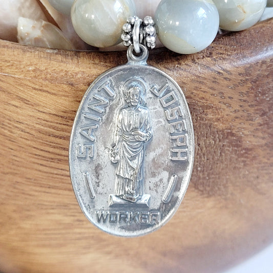 Grey Moonstone 12mm Beaded Bracelet w/ Large Medal of St. Joseph the Worker