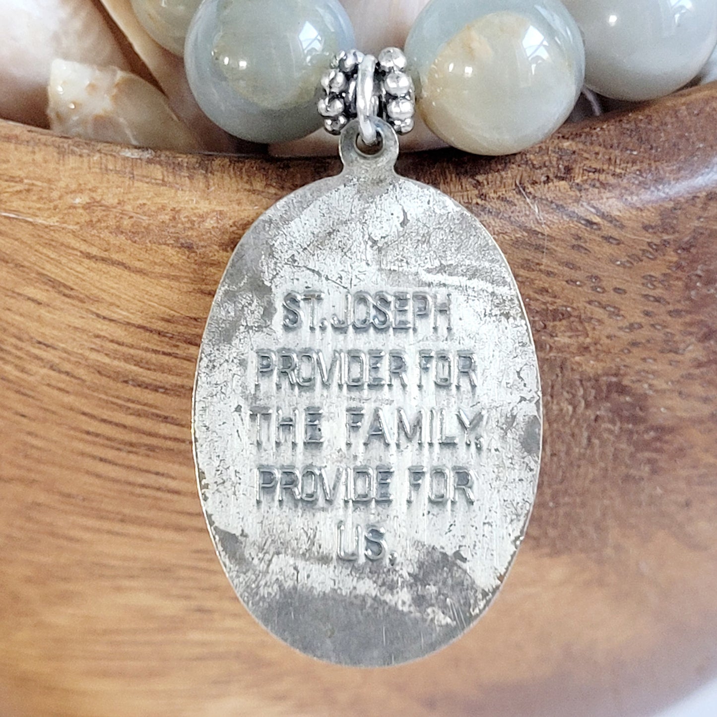 Grey Moonstone 12mm Beaded Bracelet w/ Large Medal of St. Joseph the Worker