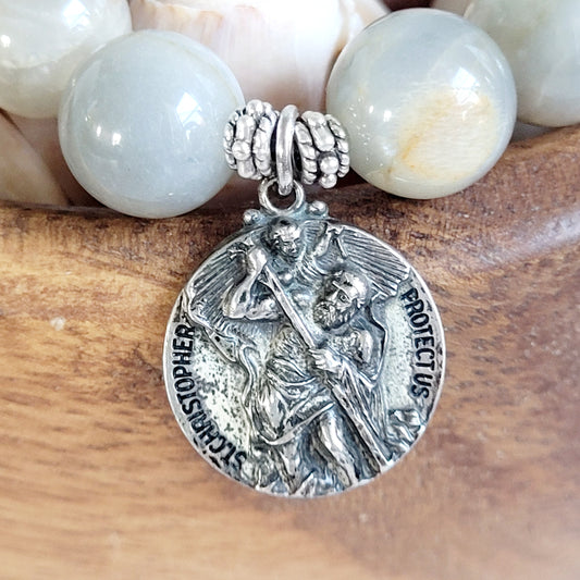 Grey Moonstone 12mm Beaded Bracelet w/ Signed Sterling Silver Medal of St. Christopher