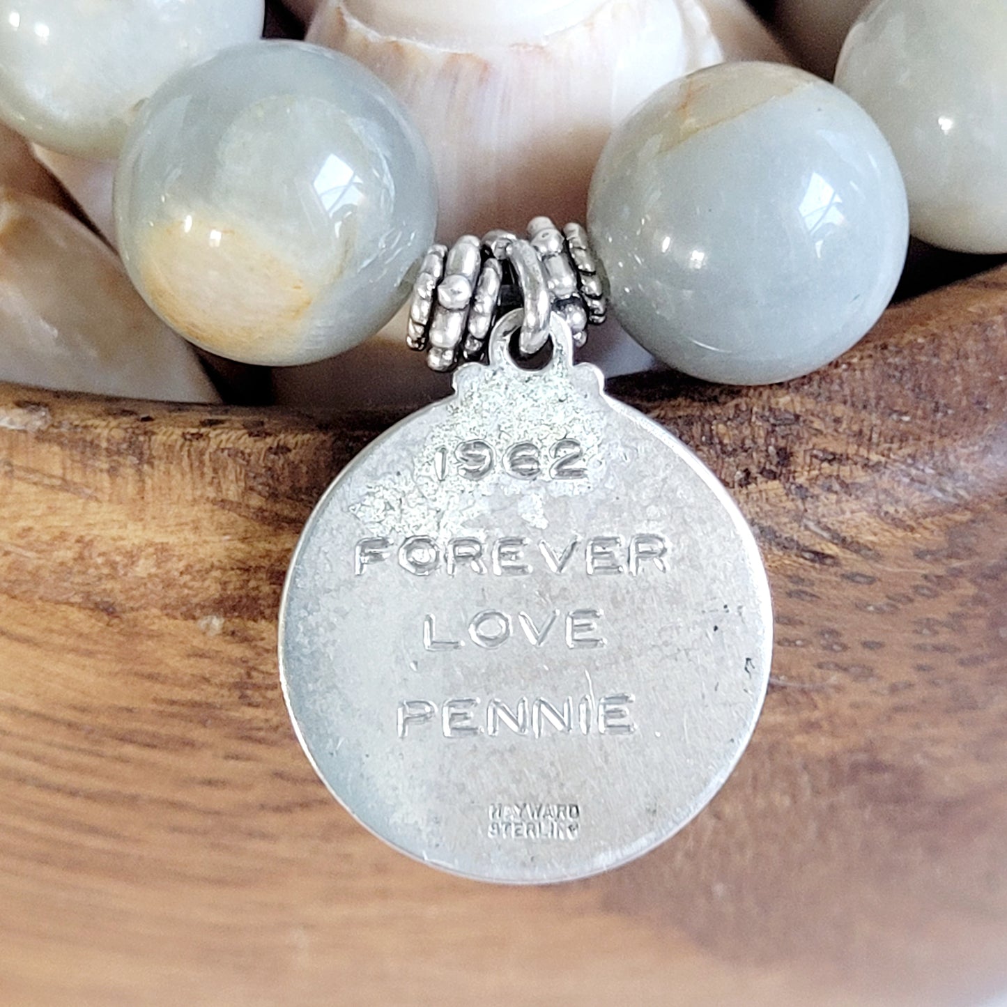 Grey Moonstone 12mm Beaded Bracelet w/ Signed Sterling Silver Medal of St. Christopher