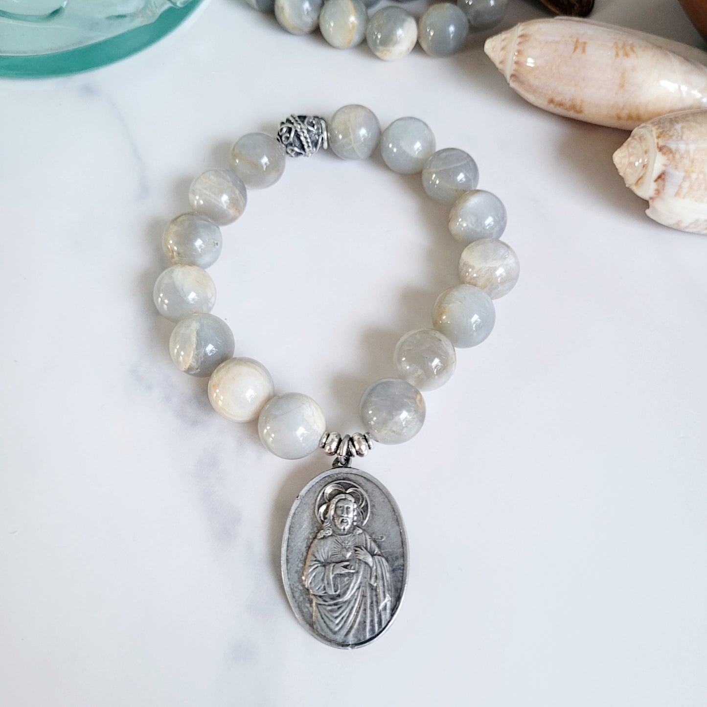 Grey Moonstone 12mm Beaded Bracelet w/ Large Sterling Silver Sacred Heart of Jesus on the front and Our Lady of Mount Carmel on the back