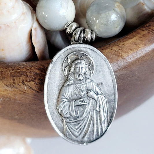 Grey Moonstone 12mm Beaded Bracelet w/ Large Sterling Silver Sacred Heart of Jesus on the front and Our Lady of Mount Carmel on the back