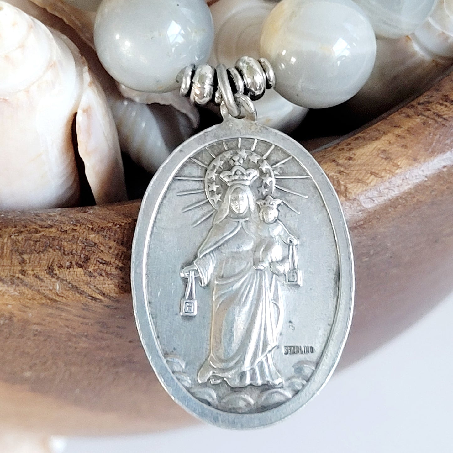 Grey Moonstone 12mm Beaded Bracelet w/ Large Sterling Silver Sacred Heart of Jesus on the front and Our Lady of Mount Carmel on the back