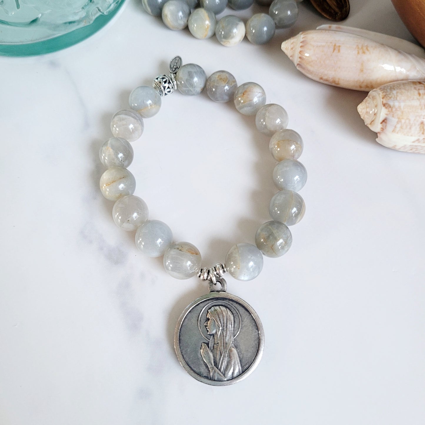 Grey Moonstone 12mm Beaded Bracelet w/ Signed Our Lady of Lourdes medal