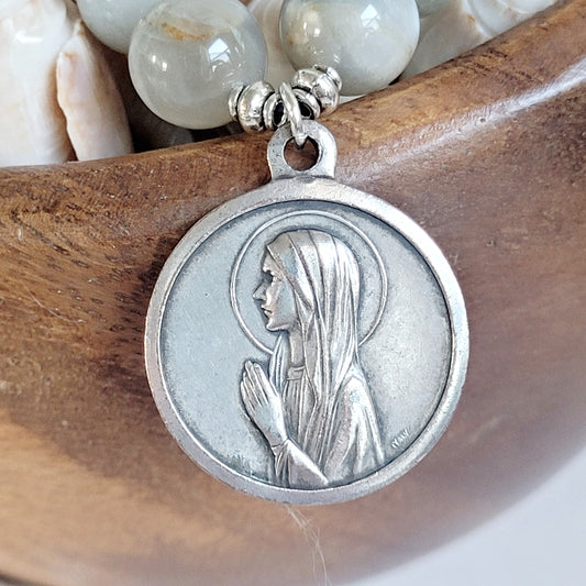 Grey Moonstone 12mm Beaded Bracelet w/ Signed Our Lady of Lourdes medal