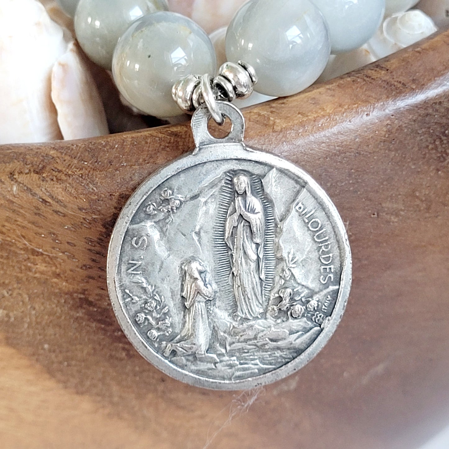 Grey Moonstone 12mm Beaded Bracelet w/ Signed Our Lady of Lourdes medal