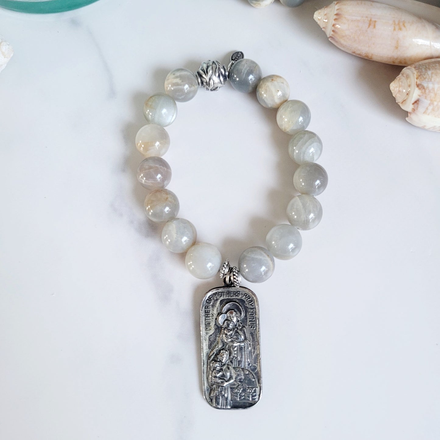 Grey Moonstone 12mm Beaded Bracelet w/ Mother of Mothers on the front and the Sacred Heart of Jesus on the back