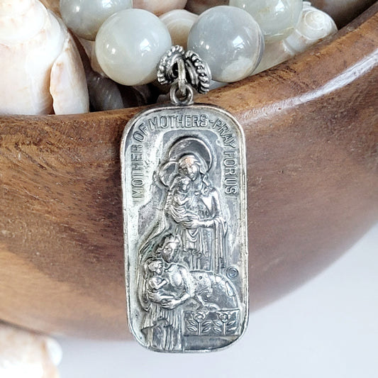 Grey Moonstone 12mm Beaded Bracelet w/ Mother of Mothers on the front and the Sacred Heart of Jesus on the back