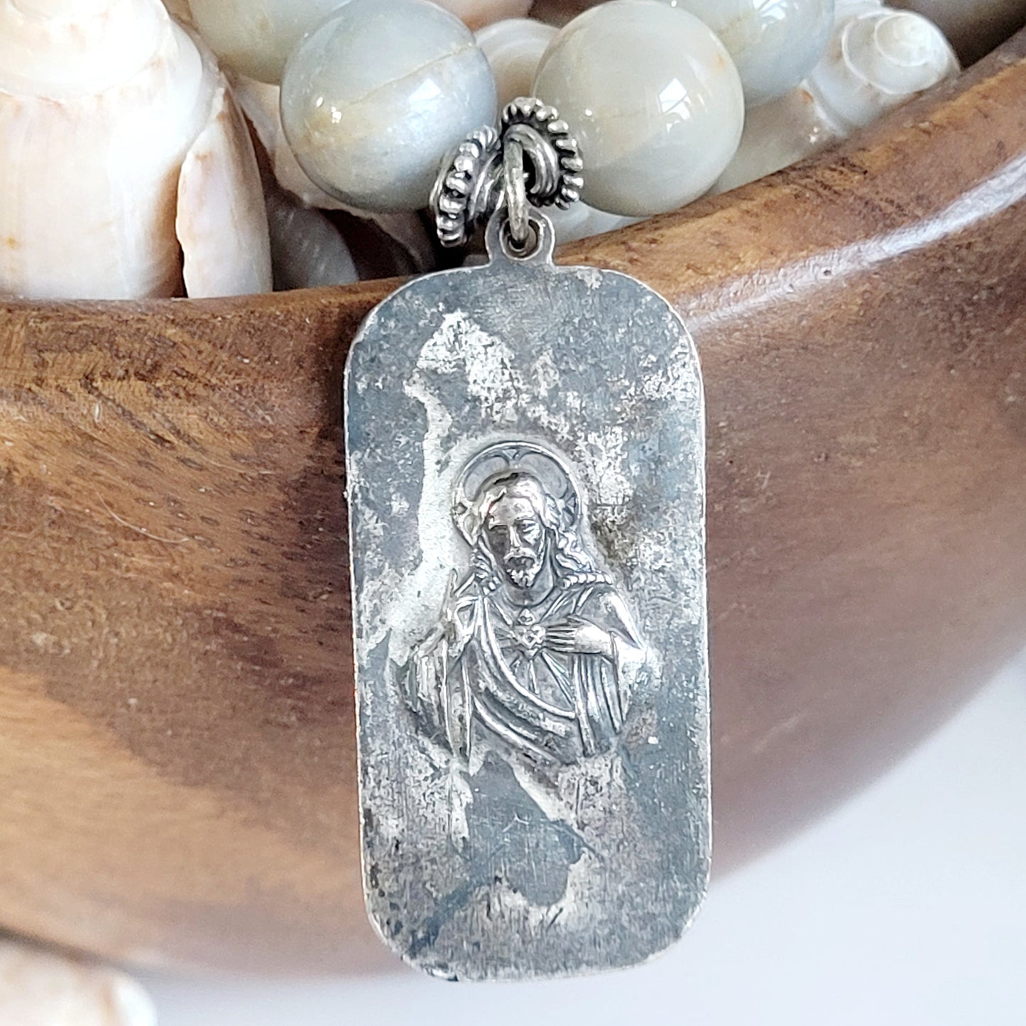 Grey Moonstone 12mm Beaded Bracelet w/ Mother of Mothers on the front and the Sacred Heart of Jesus on the back