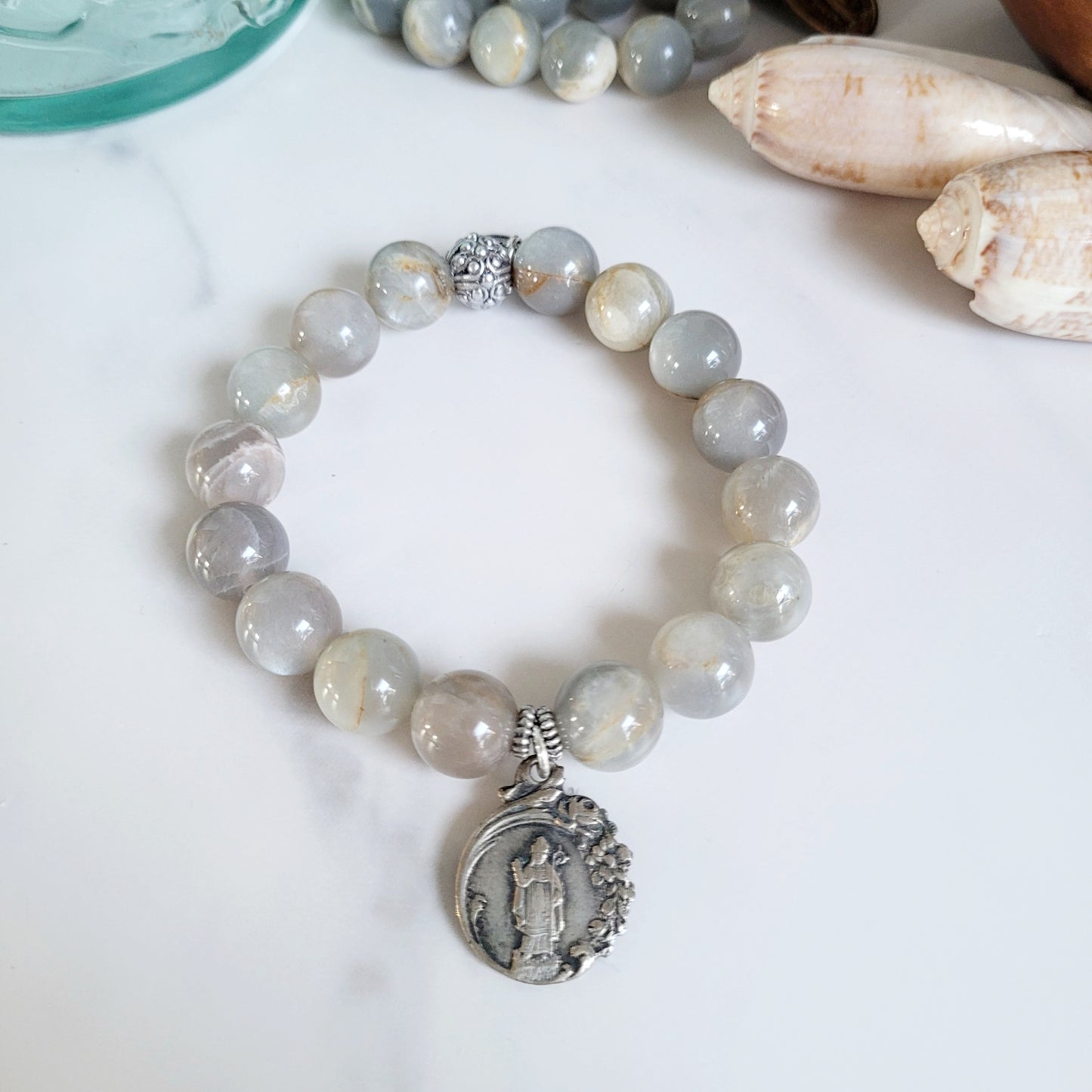 Grey Moonstone 12mm Beaded Bracelet w/ Art Deco St. Germaine
