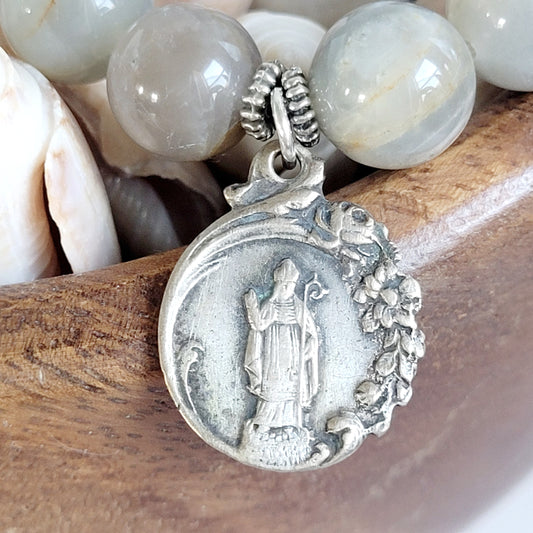 Grey Moonstone 12mm Beaded Bracelet w/ Art Deco St. Germaine