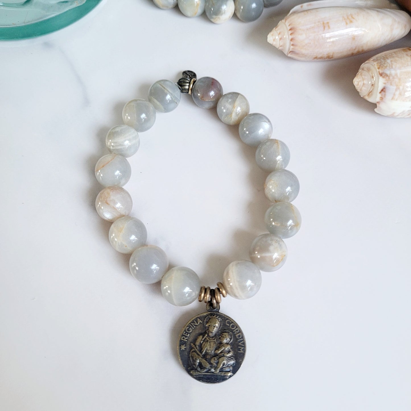 Grey Moonstone 12mm Beaded Bracelet w/Blessed Virgin Mary on the front and St. Louis de Montfort on the back