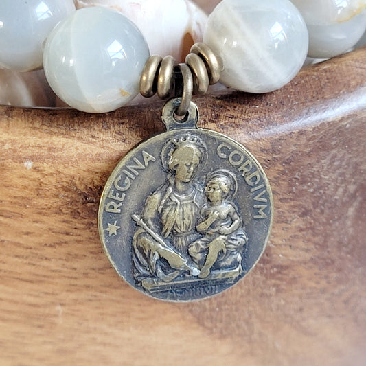 Grey Moonstone 12mm Beaded Bracelet w/Blessed Virgin Mary on the front and St. Louis de Montfort on the back