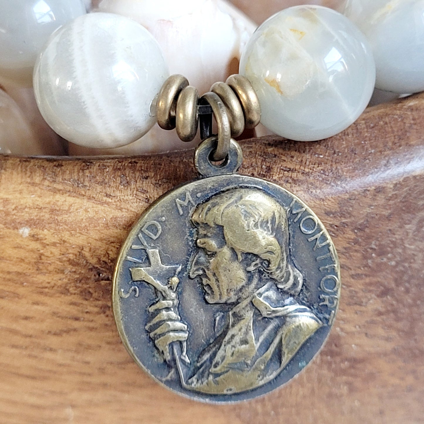 Grey Moonstone 12mm Beaded Bracelet w/Blessed Virgin Mary on the front and St. Louis de Montfort on the back