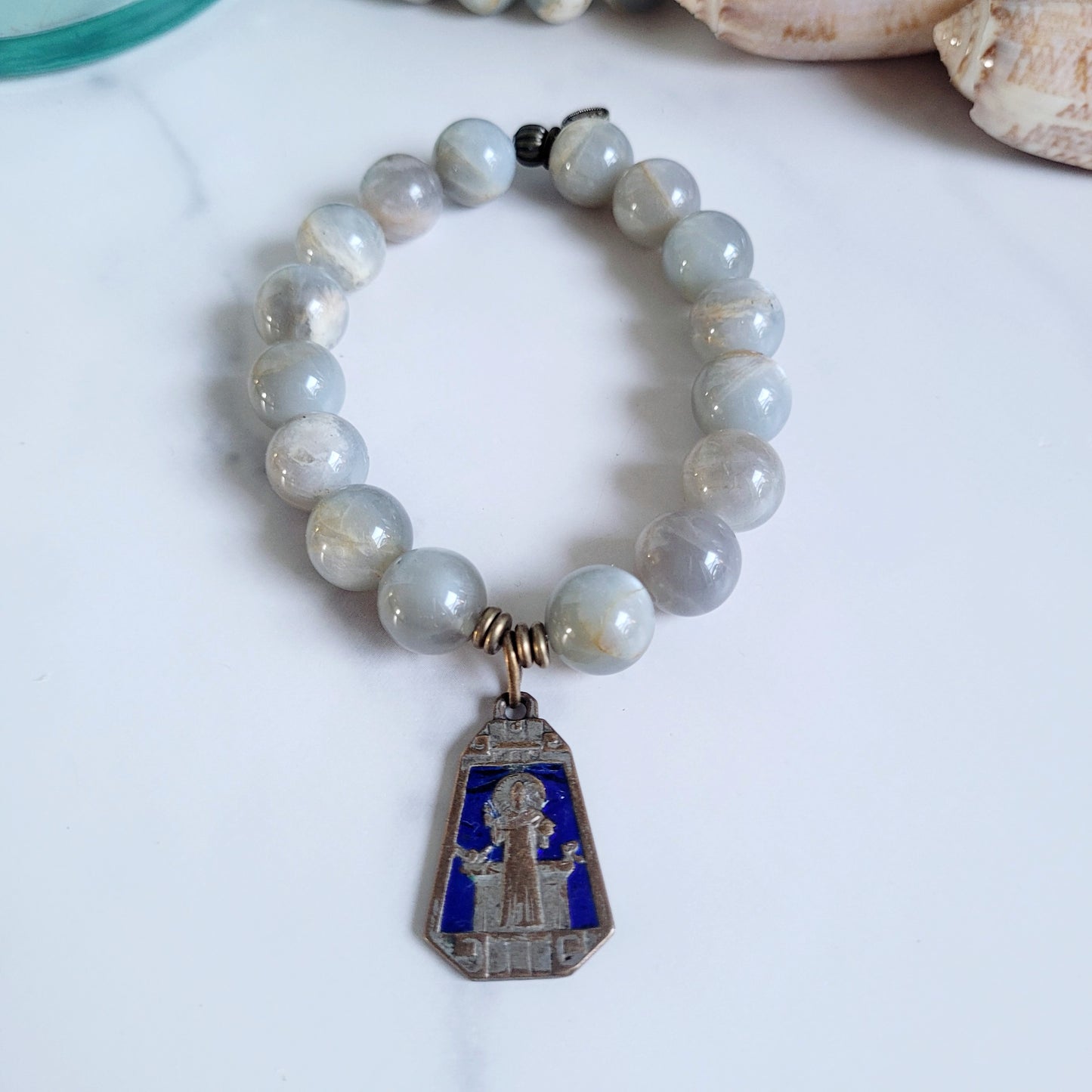 Grey Moonstone 12mm Beaded Bracelet w/ Enameled Bronze medal of St. Benedict on the front and St. Christopher on the back