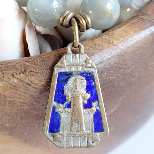 Grey Moonstone 12mm Beaded Bracelet w/ Enameled Bronze medal of St. Benedict on the front and St. Christopher on the back
