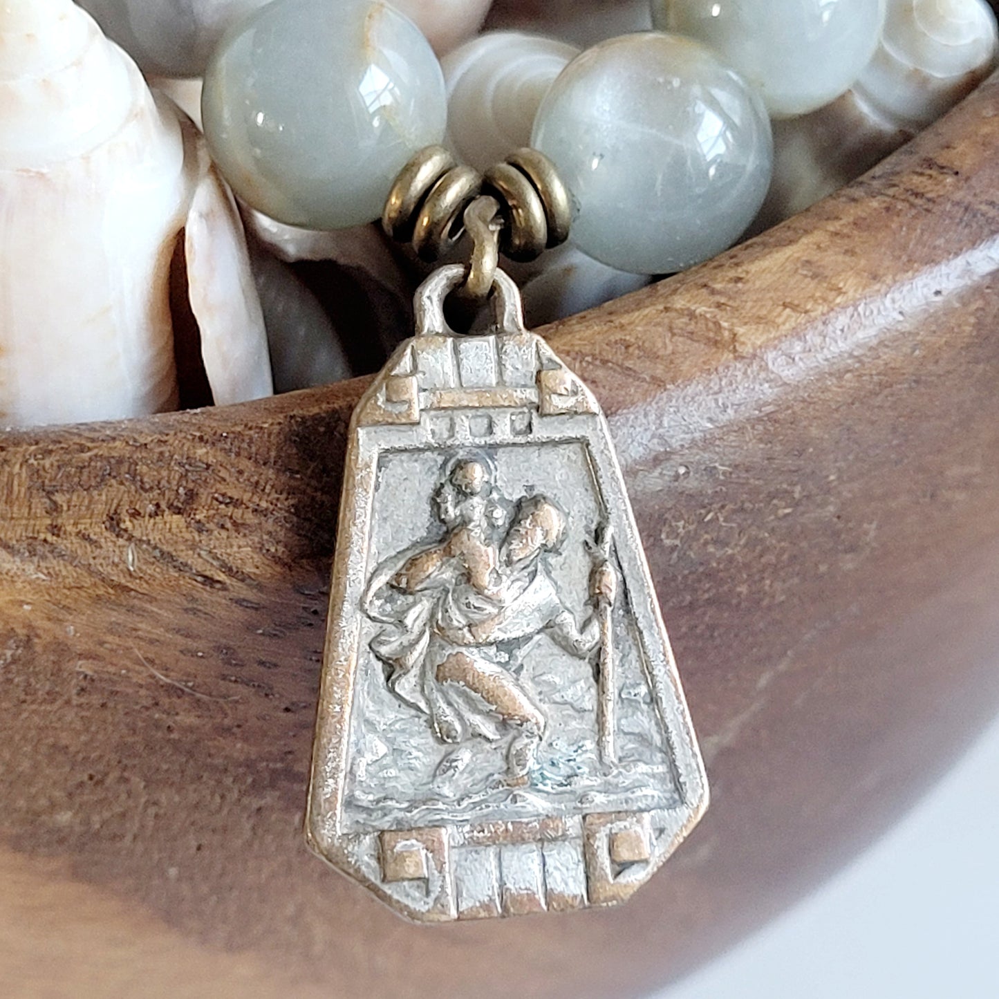 Grey Moonstone 12mm Beaded Bracelet w/ Enameled Bronze medal of St. Benedict on the front and St. Christopher on the back