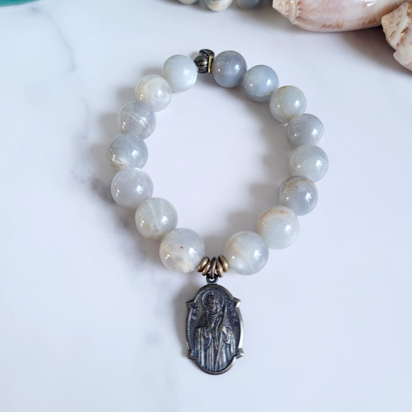 Grey Moonstone 12mm Beaded Bracelet w/Bronze Medal of St. Jude