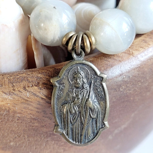 Grey Moonstone 12mm Beaded Bracelet w/Bronze Medal of St. Jude