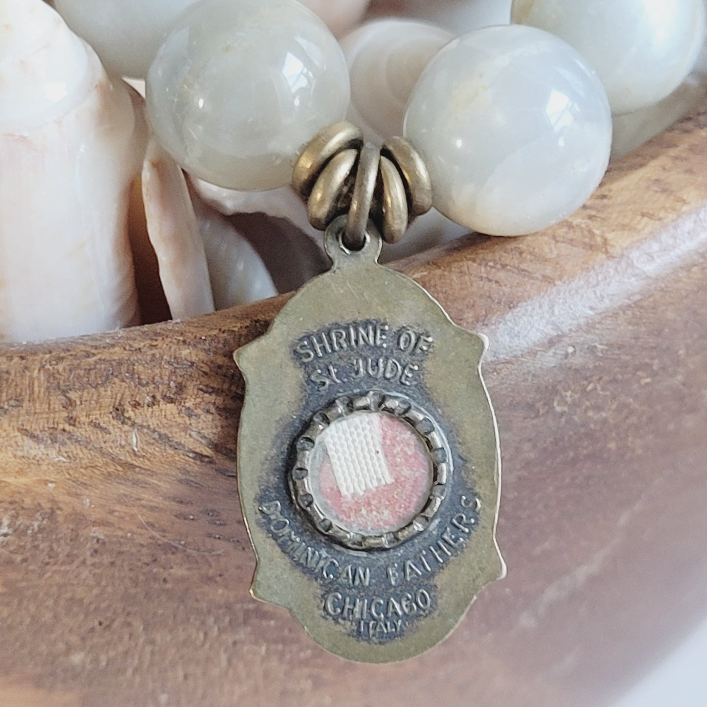 Grey Moonstone 12mm Beaded Bracelet w/Bronze Medal of St. Jude