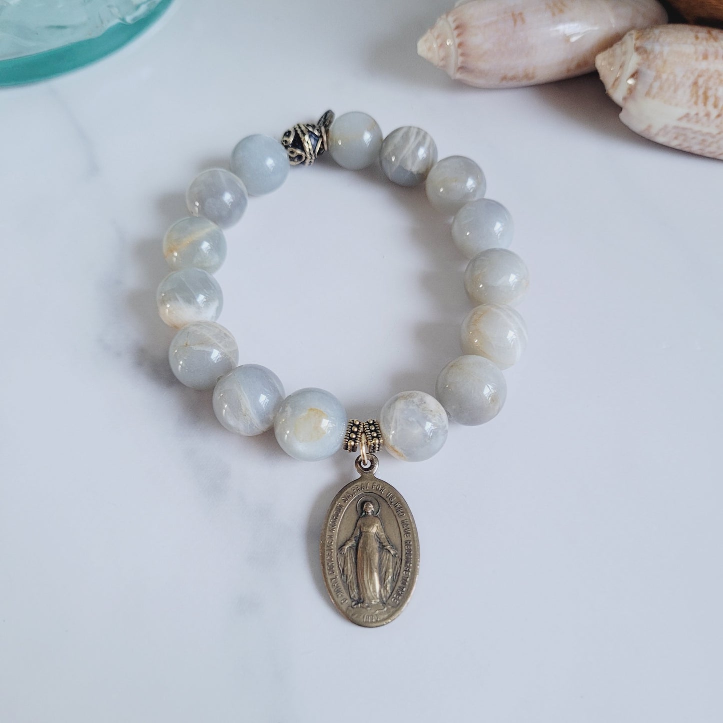 Grey Moonstone 12mm Beaded Bracelet w/ Bronze Miraculous Medal