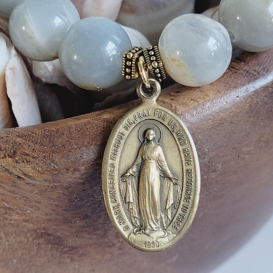 Grey Moonstone 12mm Beaded Bracelet w/ Bronze Miraculous Medal