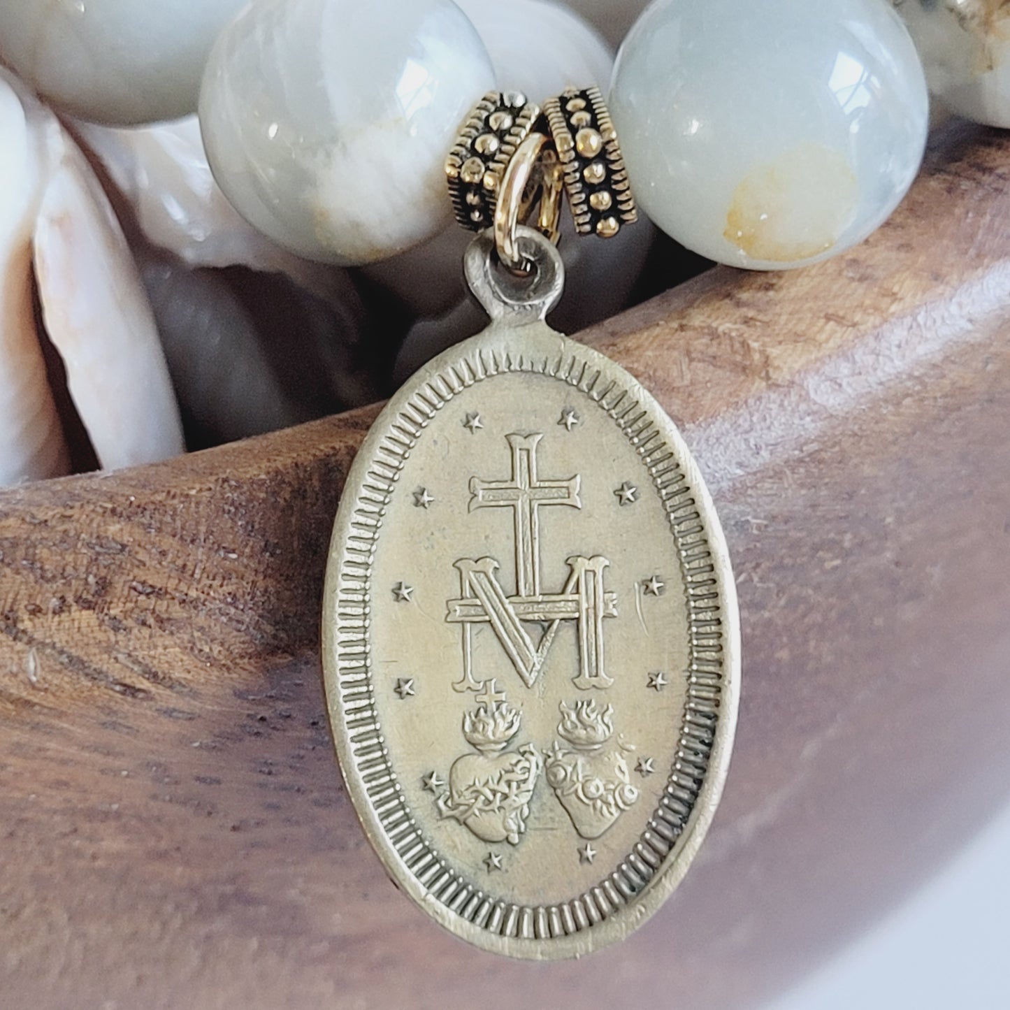 Grey Moonstone 12mm Beaded Bracelet w/ Bronze Miraculous Medal
