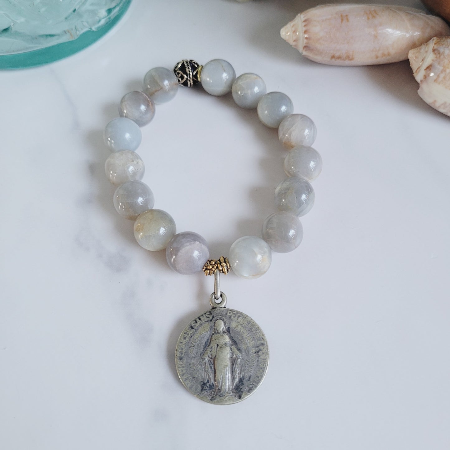 Grey Moonstone 12mm Beaded Bracelet w/ Deeply loved Miraculous Medal on the front and Blessed Jean Thephane Venard on the back